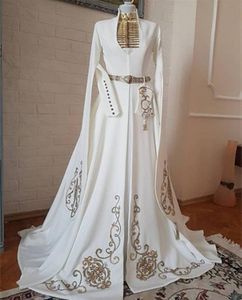 Elegancka marokańska sukienka ślubna kaftan złota haft haft wysoko szyi muzułmańskie sukienki ślubne Cape Long Rleeve Arabski Dubai Abaya satynowy linia formalne suknie wydarzenia