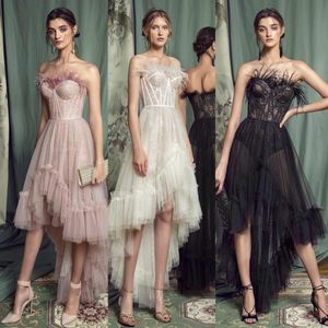 Glamorous A-line Prom Dresses Sweetheart Sleeveless with Feather Tulle Net Hi-Lo Applicant Backless Plus Size Custom Made Party Dress Vestido De Noite