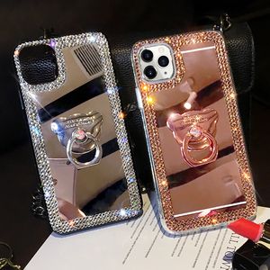 Spegel diamantfodral för iphone14promax 14pro 14plus 14 13promax 13pro 13 12 11 pro max xs max case iphone12promax crystal rhinestone cover med ringstenthållare