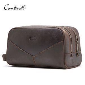 Cosmetic Bags Cases CONTACT'S crazy horse genuine leather men cosmetic bag travel toiletry bag big capacity wash bags man's make up bags organizer 230314