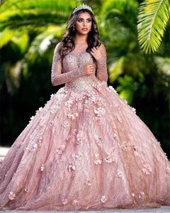 Glitter blomma paljett quinceanera klänningar lyx pärlor lång ärm party prom klänning för junior flickor 3d blommig applicerad bollklänning söt 15 vestido