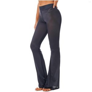 Kvinnor Pants Women's Summer Yoga Seugh-Through High midja blossade Löst dragkedja Crotch Bell-Bottomed Byxor för träningsklubbdans