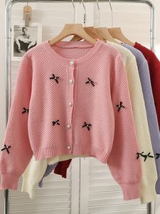 Women's Knits & Tees YornMona Cardigans Women Korean Fashion Sweet Bow Beading Long Sleeve Knitted Tops Casual All Match Ladies Sweater Shir