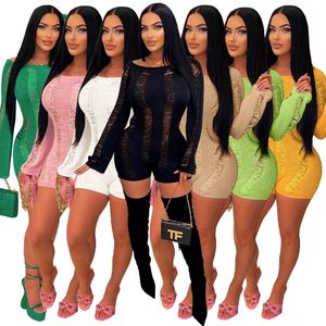 Designer Sexy Backless Rompers Women Spring Summer Long Sleeve Jumpsuits Hollow Out See Through Playsuits One Piece Overalls Club Wear Bulk Wholesale Clothes 9472