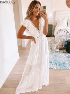 Casual Dresses Sexy Deep V-neck Ruffled Butterfly Sleeve Maxi Dress Long White Lace Tunic Women Clothes Summer Beach Wear Swim Suit Cover Up D9 W0315