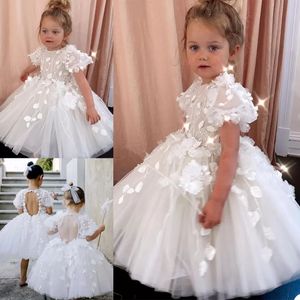 Cute Floral Appliques Flower Girls Dresses Knee Length Ball Gown Kids Formal Wear Short Sleeve Open Back Short Child Bouquet Dress