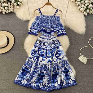 Casual Dresses Summer Fashion Runway Midi Dress Women's Cool Shoulder Flare Sleeve Blue and White Porslin Printing Holiday Beach Vestidos W0315