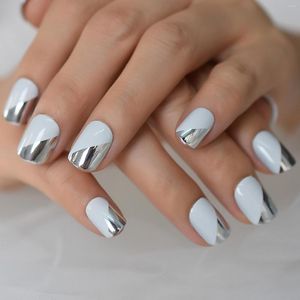 False Nails Metal Mirror French Press On Silver Metallic Full Cover Short Square Fake Salon Clip Fingernails For Women Girls