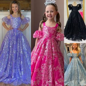 Lilac Girl Pageant Dress 2023 Detachable Puff Sleeves Sequin Little Kid Birthday Formal Party Gown Infant Toddler Teens Preteen Tiny Young Junior Miss Children Blue