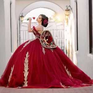 Red Lace Appliques Ball Gown Quinceanera Dress Long Sleeve Sweet 16 Prom