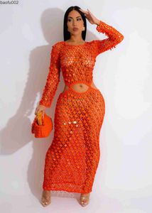 Casual Dresses Sexy Shinny paljett Knit Rib Long Dress Women Summer 2023 Hollow Out See Through Through Club Beach Wear Cover Maxi Dresses Y2K Robe W0315