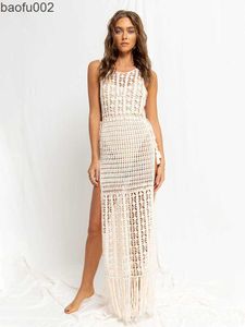 Casual Dresses 2023 White Crochet Tunic Bikini Cover-ups Sexy Hollow Out Fringed Mesh Dress Women Summer Beach Wear Swim Suit Cover Up A1289 W0315