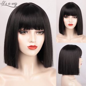 Synthetische Perücken „I's a wig“, kurze gerade schwarze Perücke mit Pony, Bob für Frauen, rosa, rot, lila, braun, Cosplay-Haar, täglicher Gebrauch, 230314