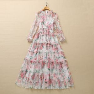 Summer Long Sleeve Round Neck Dress Pink Floral Print Sheer Tulle Panelled Long Maxi Elegant Casual Dresses 22Q192317 XXL Plus Size