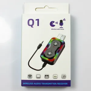 Q1 Bluetooth-Adapter, kabellos, 2-in-1-Audio-Adapter, HD-Klangqualität, Videodaten-Sender, Empfänger, 20 m Signal, USB-Adapter mit buntem Licht