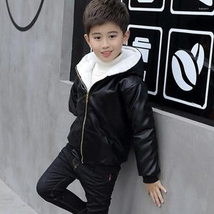 Jackets 6 9 10 11 12 Years Children Boys Girl Hooded Fur Zipper Biker Leather Jacket Winter Warm Fleece Coat Teenager Outerwear