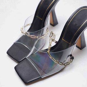 Sandals Women bombeia sapatos novos quadrados simples e quadrados de plástico transparente high H