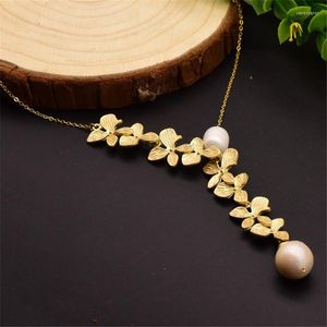 Chains Natural Freshwater Baroque Pearl Leaf Flower Statement Pendant Necklace Wedding Love Gift For Women Vintage Jewrlry Handmade