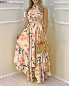 Vestidos casuais estampa floral halter backless shirred maxi vestido w0315