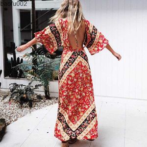 Casual Dresses AYUALIN sexy backless women dresses cotton orange floral print boho dress v-neck Side slit maxi dress summer Dresses Vestidos W0315