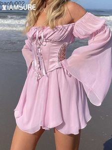 Casual Dresses Iamsure Beach Style Vintage Chiffon Dress with Corset Bandage Hollow Out Bustier Prairie Chic Flare Sleeve Dresses 2 Pieces Set W0315