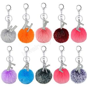 Plush Ball Keychain Crystal English Letter Keychain Silver Color A-Z Letters Pendant Keyring Fashion Bag Hanging Accessories