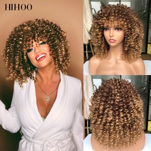 Short Curly Blonde Wig For Black Women Afro Kinky Curly Wig With Bangs Synthetic Wig Natural Glueless Ombre Brown Blonde Cosplay