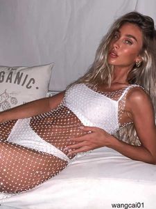 Sukienki swobodne Fishnet Blish Rhinestone Sequins Party Sukienki Kobiety Sexy See Through Side Split Hollow Dress Beach Bikini Sukienka 0315H23