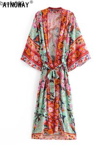 Lässige Kleider Boho Frauen Pfauendruck Fledermausärmel Strand Böhmische Kimono Robe Damen V-Ausschnitt Quaste Sommer Happie Bikini Cover-ups W0315