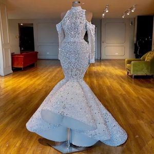 Lussuose immagini reali Abiti da sposa a sirena sudafricana Dubai Collo alto Abiti da sposa con perline Cristalli Abiti da sposa maniche lunghe Abiti da sposa BC2656