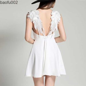 Casual Dresses Duzeala Black Dress Women Summer Lace Angel Wings Dress Casual Slim Backless Beach Dresses Female Spaghetti Strap dress W0315