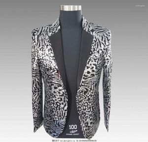 Men's Suits Nightclub Full Sequins Leopard Print Casual Blazer Male Fashion Host Stage Slim Fit Grey Man Dress Banquet Clothes