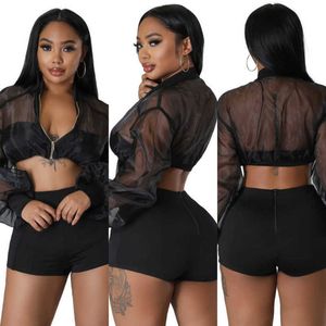 Women Tracksuits Lapel Neck Exposed Navel Two Piece Outfits See-through Blouses Long Sleeve Zipper Top And High Waist Shorts Suits
