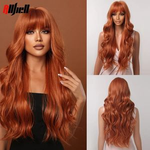 Parrucche sintetiche Onda lunga naturale Arancione con frangia piena per donne nere Quotidiano Halloween Cosplay Capelli Fibra resistente al calore 230314