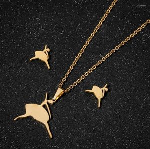 Necklace Earrings Set Dancing Ballet Women Girl Stud Earring Fashion Ballerina Necklaces Gold Color Stainless Steel Party Jewelry