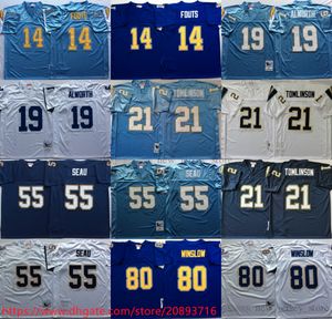 NCAA Retrocesso 21 LaDainian Tomlinson Futebol Jerseys Retro Stitch 55 Junior Seau 14 Dan Fouts 19 Lance Alworth 80 Kellen Winslow Jersey Azul Branco