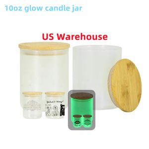 USA: s lager 10oz sublimeringsljushållare burk glöd i mörkret med bambu lock frostat ljus cup vaxkräm doftande tumbler glasflaskedekoracion b5