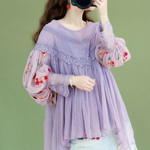 Женские блузкие рубашки Оригинальный дизайн AIGYPTOS Spring Women Sweet Elegant Purple Ladies Vintage Emelcodery Lantern Lantern Funter Lace Chefon 230314