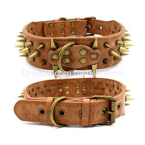 Hundehalsbänder Leinen Luxus Designer Retro Antibite Bronze Spiked Niete Einstellbar Pu-Leder 3 Farben 2 Größen für große Hunde L Sharp DH5Py