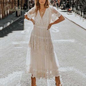 Casual Dresses Prisfree 2022 Summer Boho Women Maxi Dress Vintage Polka Dot White Lace Long Tunic Beach Dress W0315