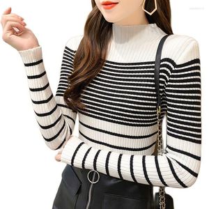 Women's Sweaters TuangBiang Mock Neck Black White Stripes Knitted Tops Women Slim Cotton Sweater 2023 Autumn Winter Basic Elastic Ribbed