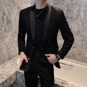 Ternos masculinos Men 2023 lantejoulas de traje listrado masculino estilo coreano Slim Fit Fashion Casual Black Stage Club Party Blazers