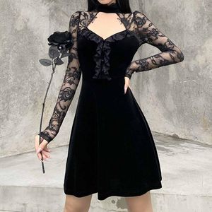 Vestidos casuais mulheres sexy vestido gótico perspectiva de manga longa Hollow out renda preta retchwork punk feste de festa mini femme tobe#g3