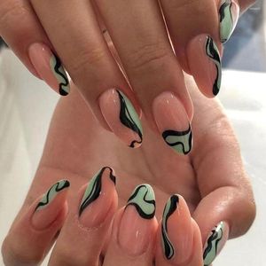 False Nails Simple Short Green French Black Wavy Lines Stiletto Fake Wearable Full Cover DIY Manicure Press On 24pcs