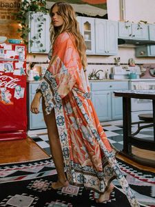 Casual Dresses 2023 Bohemian Printed Self Belted Loose Summer Beach Tunic Plus Size Long Kimono Women Street Wear Casual Maxi Dress N996 W0315