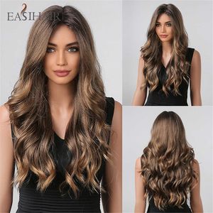 Synthetic Wigs Easihair Long Wavy Synthetic Lace Front Wigs Ombre Brown Frontal Natural Hair Wig for Women Cosplay High Density 230227