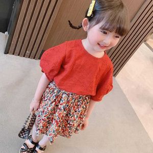 Kleidungssets Sommerdruck Kawaii Zweiteiliges Mädchenkleid Niedlicher Rundhalsausschnitt Kindersets Blumenkurzanzug Lässige elegante Mode Kinderkleidung