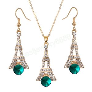 Red Green Crystal Earrings Necklace for Women Gold Color Tower Pendant Chains Fashion Jewelry Set Accessories Gifts