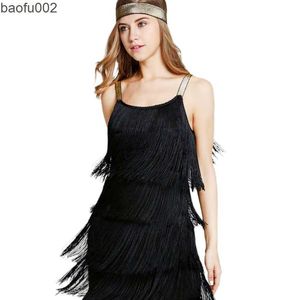 Casual Dresses Women Solid Sleeveless Evening Party Dress Summer Beach Tassel Clothes Flapper Strap Short Dress O-Neck Low Cut Fringe Dresses W0315