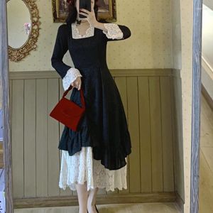 Casual Dresses French Vintage Elegant Dress Women Party Long Sleeve Lace Black Y2k Midi 2023 Winter Face Two Piece Korean Fashion